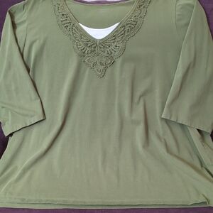 Catherines Olive Green Lace Accent Blouse